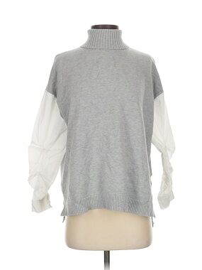 Vintage Grey Turtleneck Sweater with White Sheer Balloon Sleeves
